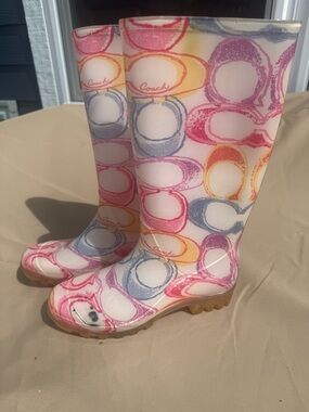 Coach Cream Rain Boots with Multicolor Circle Print